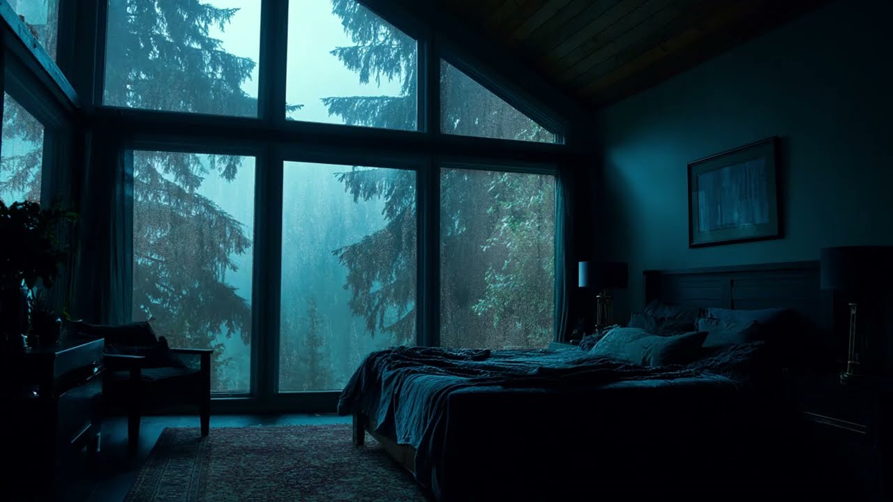 Heavy Rain on Window in a Cozy Forest Bedroom - Natural Rainstorm Sounds for Deep Relaxation