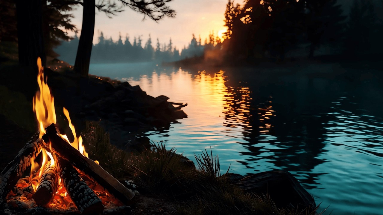 Evening by a Crystal Clear River 🔥 4K Campfire & Water Sounds