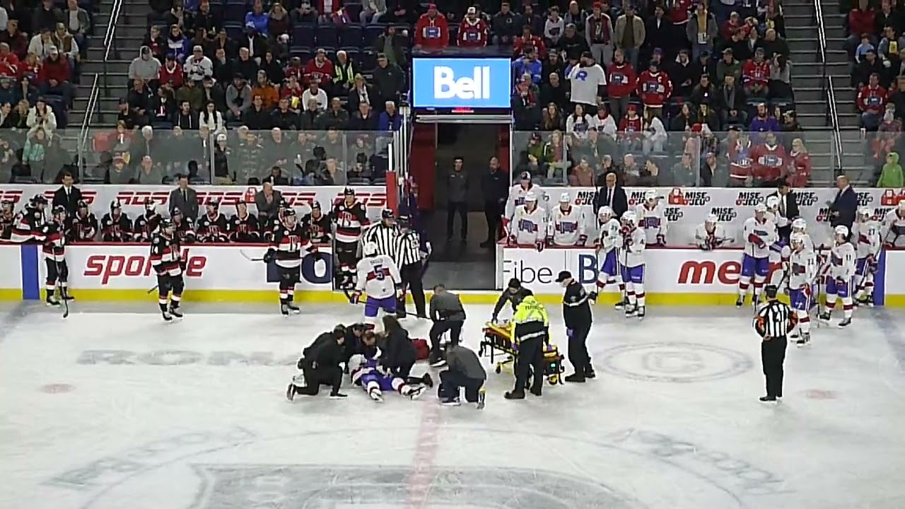 Laval Rocket's Xavier Simoneau gets injured, refs don't blow whistle until he collapses on the ice