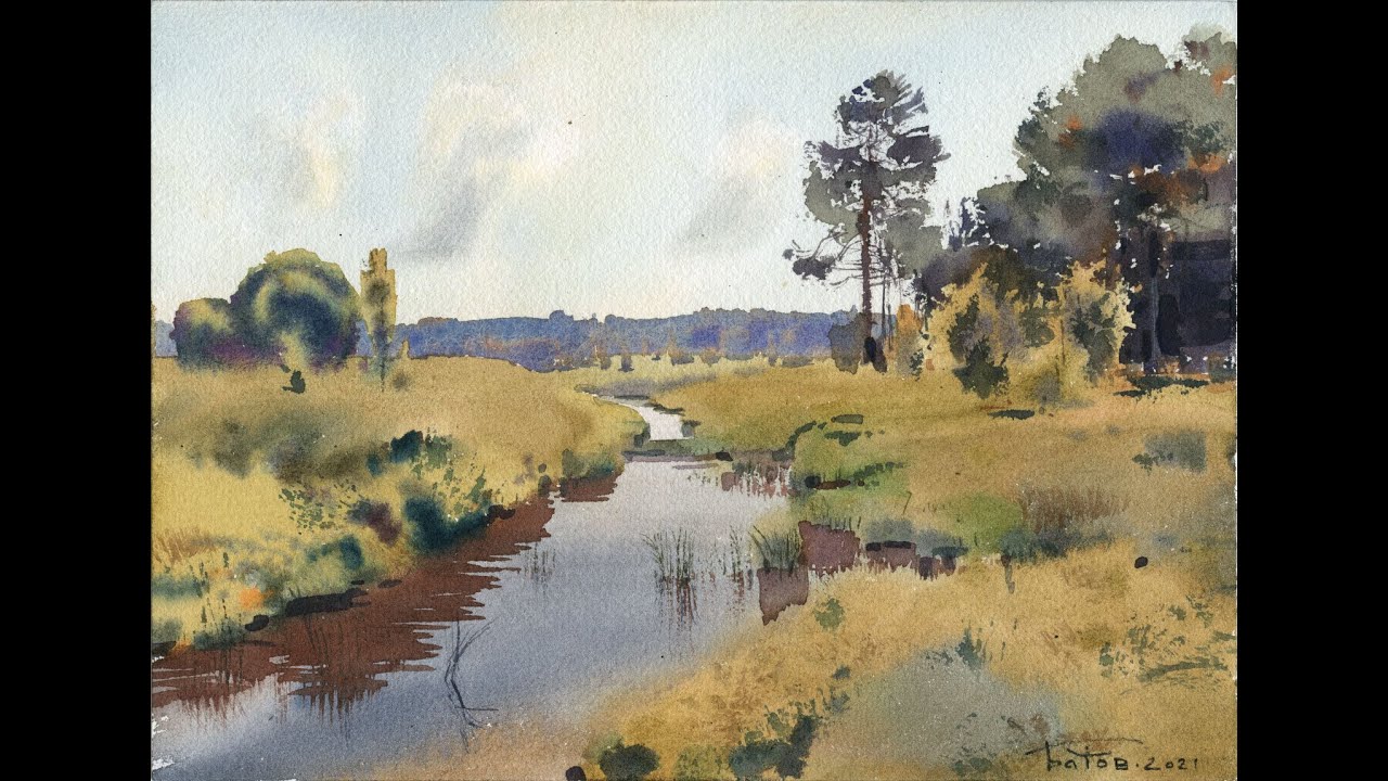 Осенний пейзаж акварелью. Watercolor autumn landscape