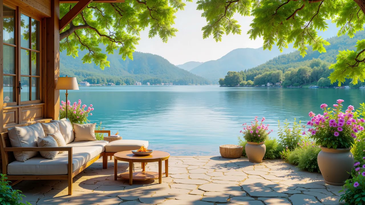Relaxing LakeSide Cabin Ambience ☘️ Morning Piano Music for Positive Energy and Focus