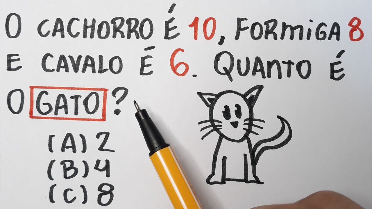 🔥RACIOCÍNIO LÓGICO: O cachorro é 10, Aranha 8 e cavalo é 6. Quanto é o gato?