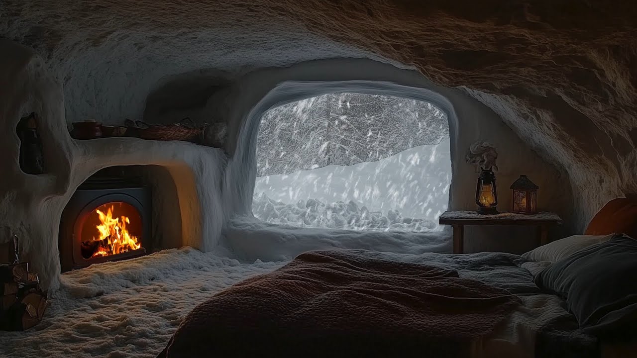 Mountain Cave Winter ❄ Blizzard Winds, Snowstorm, and Cozy Fireplace Sounds for Deep Sleep