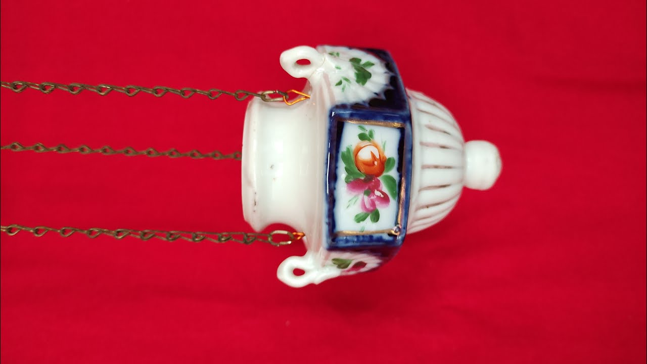 5533 Imperial ancient Russian porcelain with enamel icon vigil lamp w defects