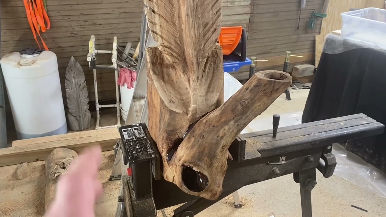 Feather wood carving