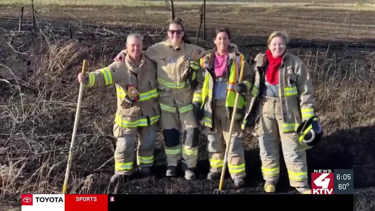 All-female volunteer firefighter crew in Pierce, Nebraska responds to grass fire