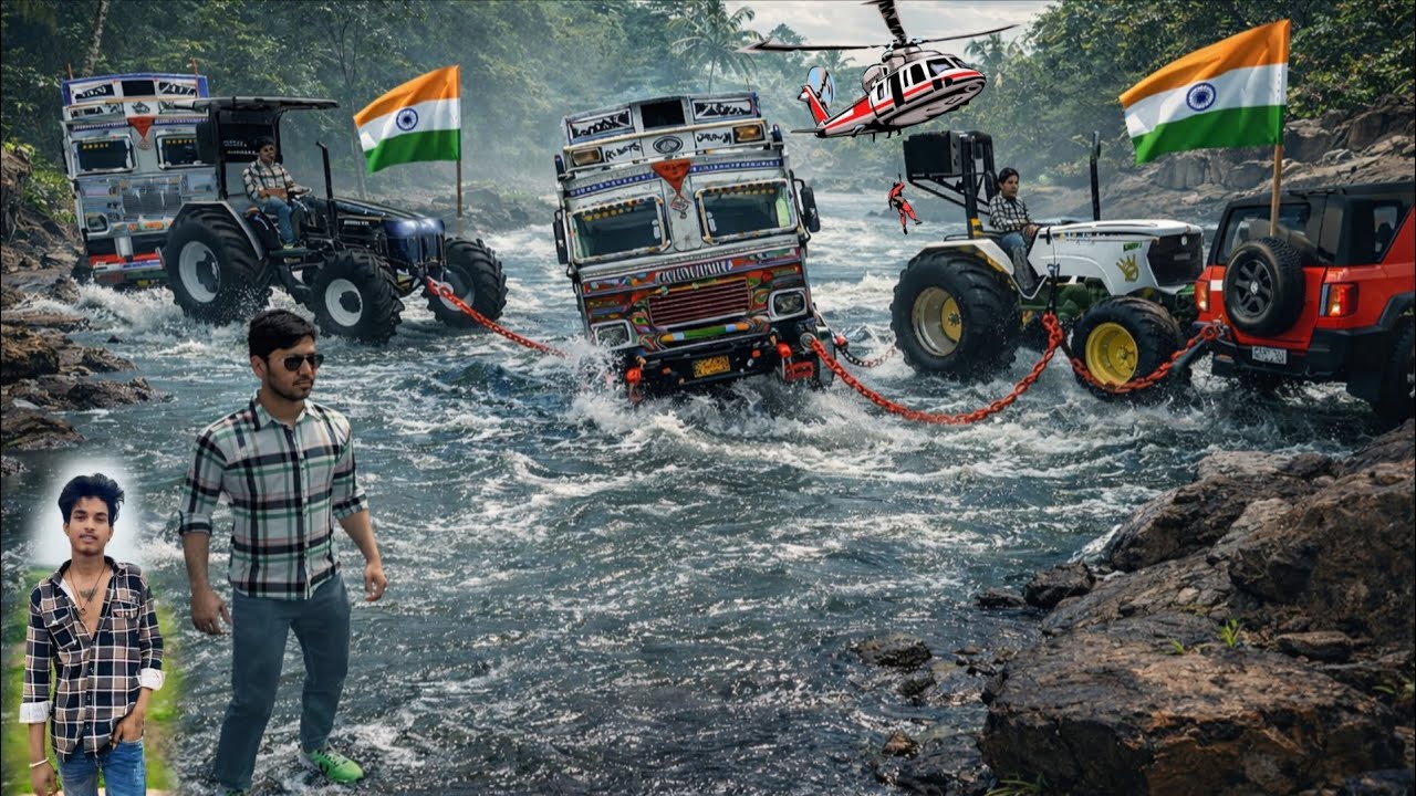 🛑पानी में फंसे हुए ट्रक को दो ट्रैक्टर और एक थार निकल रही है #gemar #geming #thargame #trendinggame 