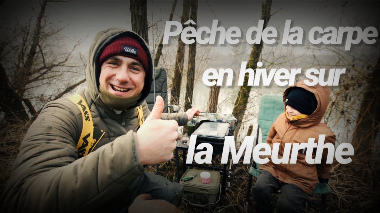 Pêche de la carpe en rivière, la Meurthe en hiver
