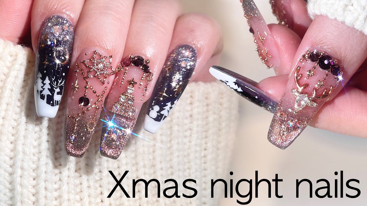 Зимняя ночь, новогодний нейл-арт☃️🎄 наращивание акриловым гелем / АСМР