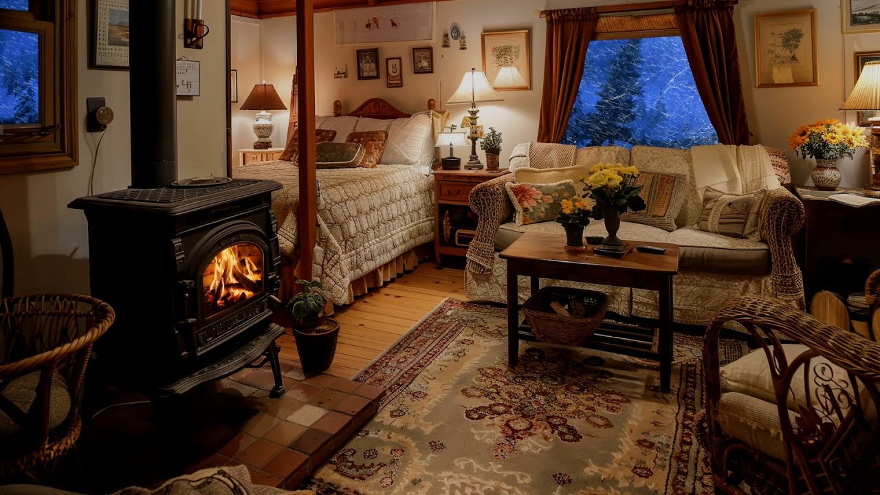 Deep Sleep with Crackling Fireplace Burning Sounds & Relaxing Snow in Cozy Winter Cabin💤