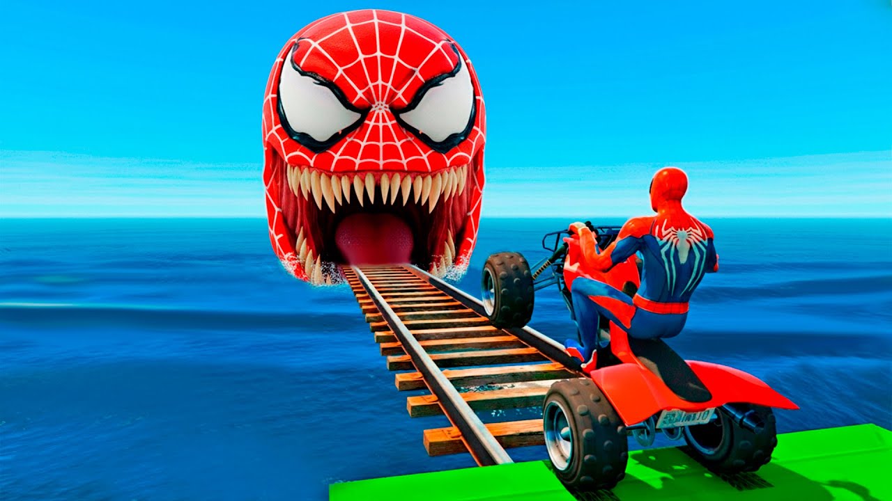 سبايدر مان اصعب دراجة نارية فوق اسماك القرش - Superheroes Ride on Motorcycle Stunt Funny Moments?