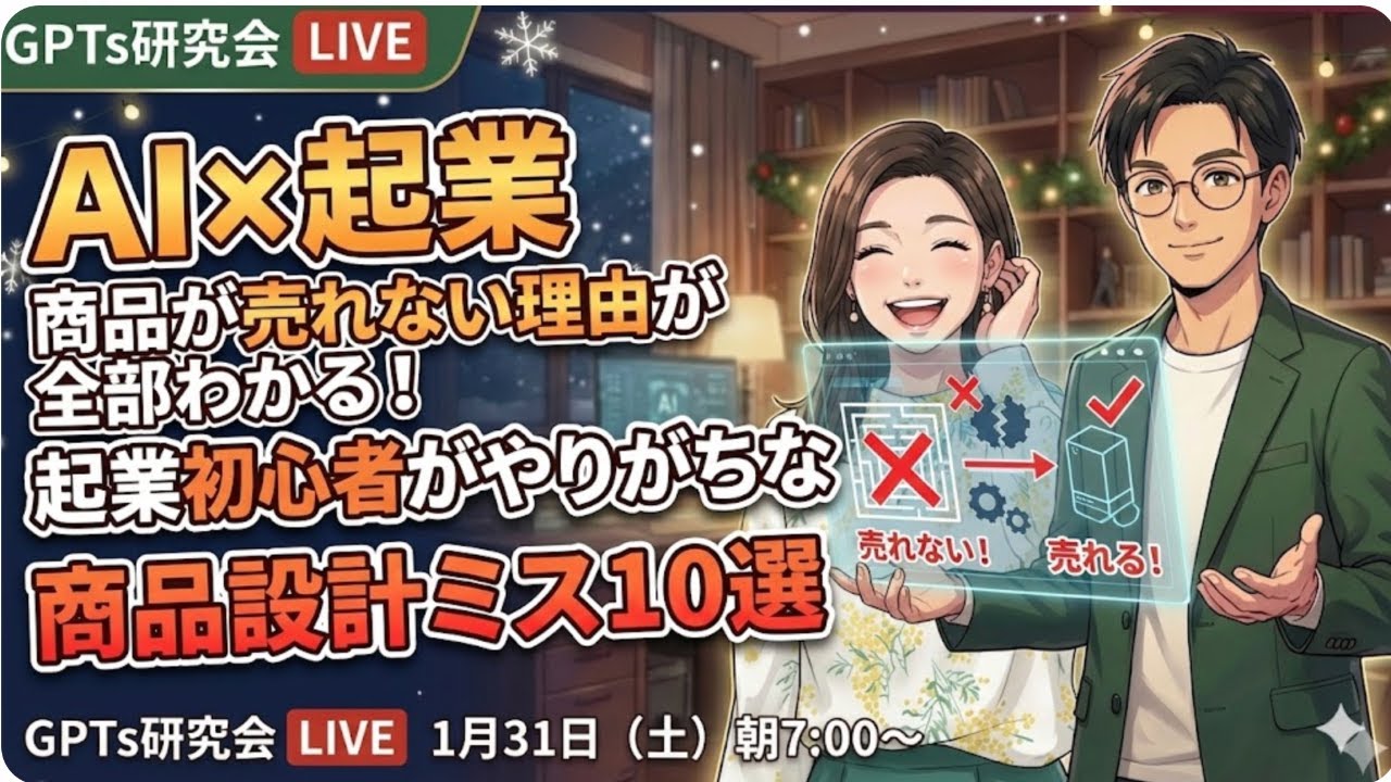 AI×起業 商品が売れない理由が全部わかる 起業初心者がやりがちな 設計ミスあるある10選 GPTs研究会LIVE 1月31日（土）