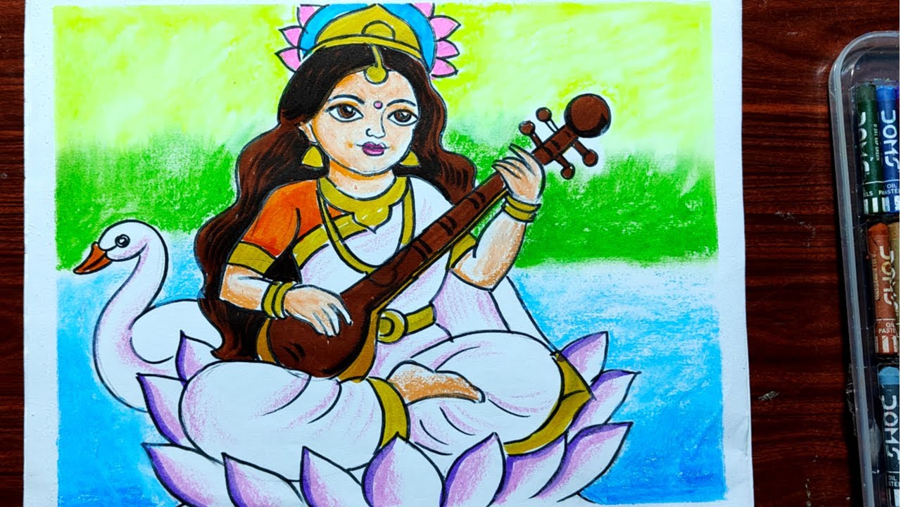how to draw maa saraswati ful figer drawing with oil pastel colorstep by step for beginners,