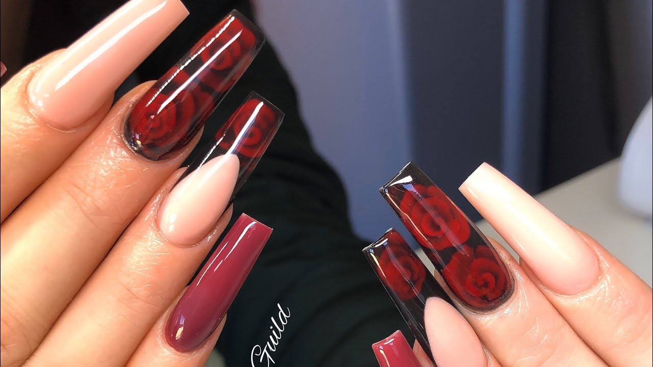 Encapsulated 3d Blood Rose Acrylic Nails