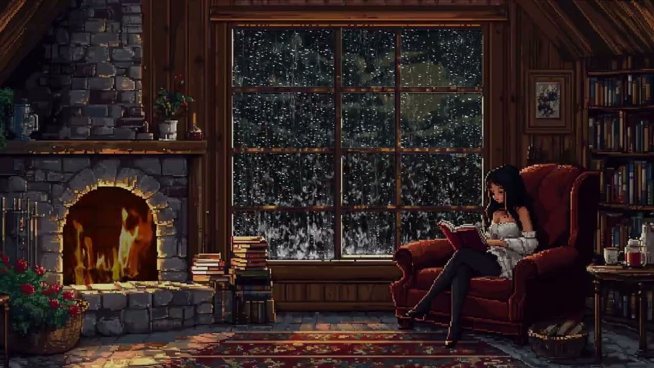 Thunderstorm Night In A Pixel Stone Room With Fireplace - 3H Rain & Fire Sounds For Deep Sleep