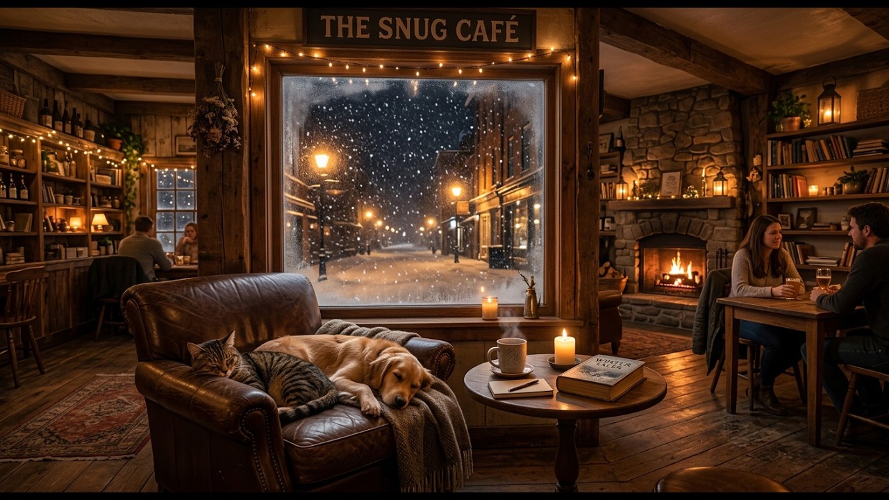 Late Night Piano Jazz ☕ Snowy Café Ambience | Cat & Dog Sleeping
