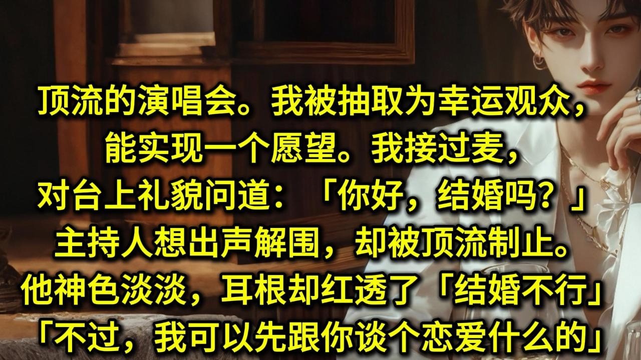 顶流的演唱会。我被抽取为幸运观众，能实现一个愿望。我接过麦，对台上礼貌问道：「你好，结婚吗？」主持人想出声解围，却被顶流制止。他神色淡淡，耳根却红透了。「结婚不行」「不过，我可以先跟你谈个恋爱什么的