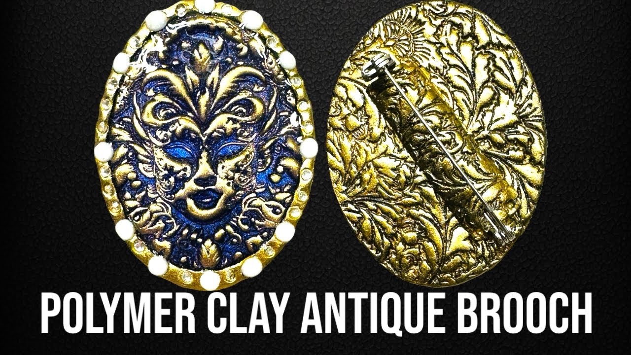 Polymer clay antique style brooch, pin using texture roller, DIY, Venetian Mask