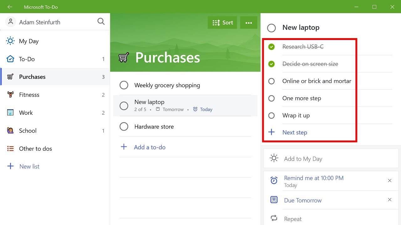 Using Microsoft To-Do's Steps (Subtasks)
