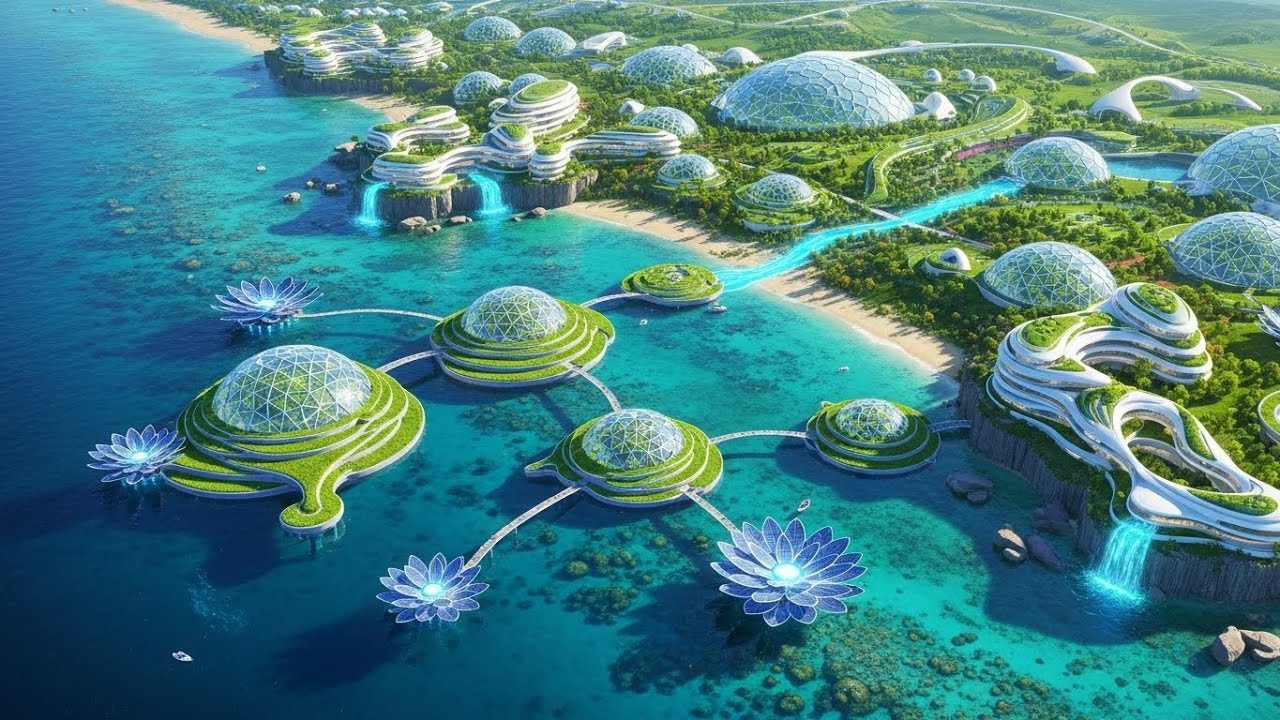 Aerial Solarpunk Odyssey | Floating Eco Islands & Futuristic Coast Cities | Relaxing Sci-Fi Ambience