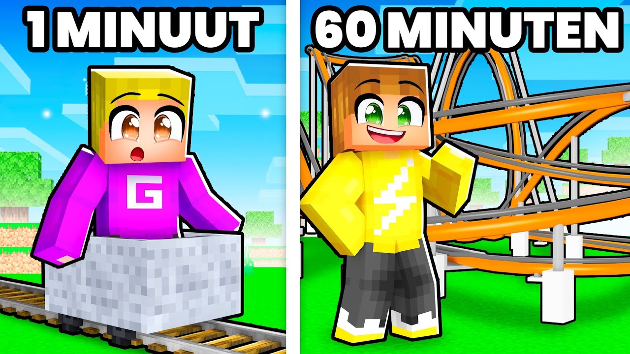 1 MINUUT vs 60 MINUTEN Achtbaan Bouw Challenge (Minecraft)