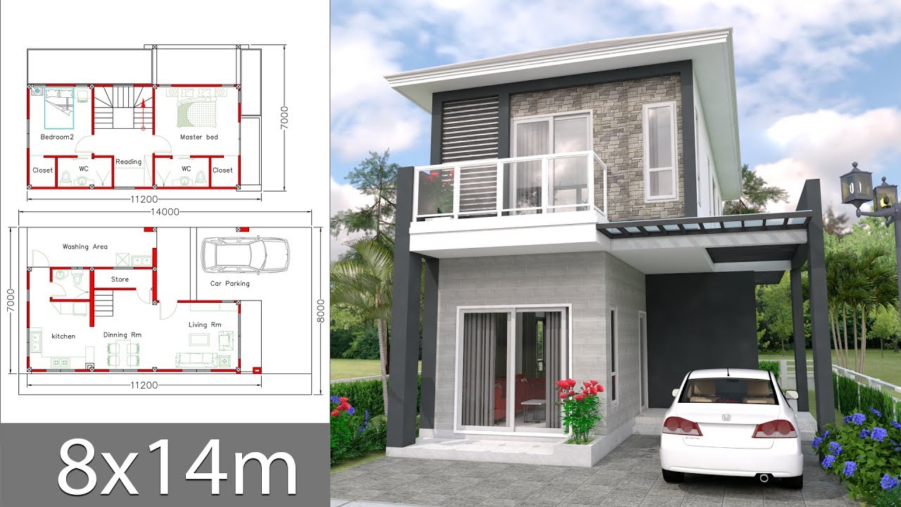 House design plan 8x14m with 2 bedrooms