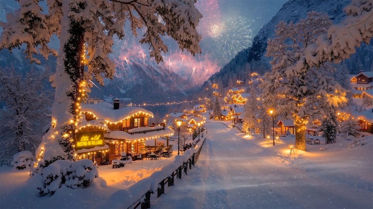 New Year&rsquo;s Eve Ambience 🎆 Snowy Winter Village Caf&eacute; with Warm & Deep Jazz for Calm Reflection ☕