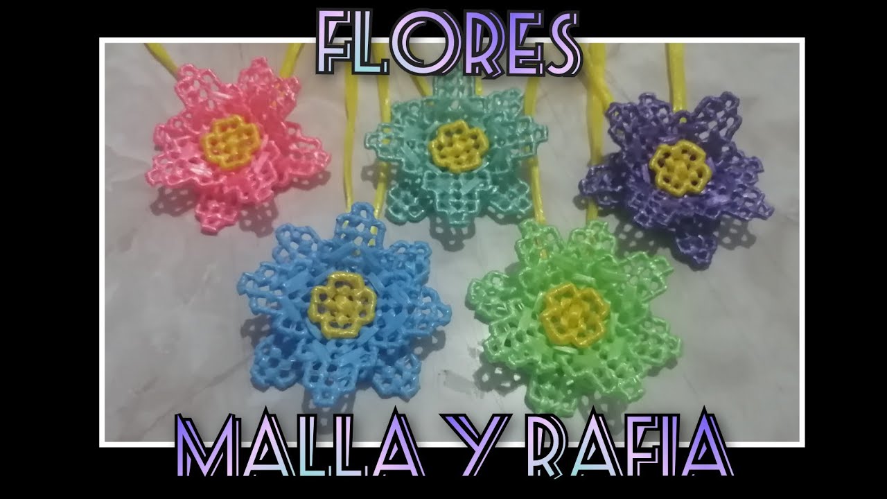 FLORES 🌸 de Malla y Rafia / plastic. canvas / manualidad paso a paso.
