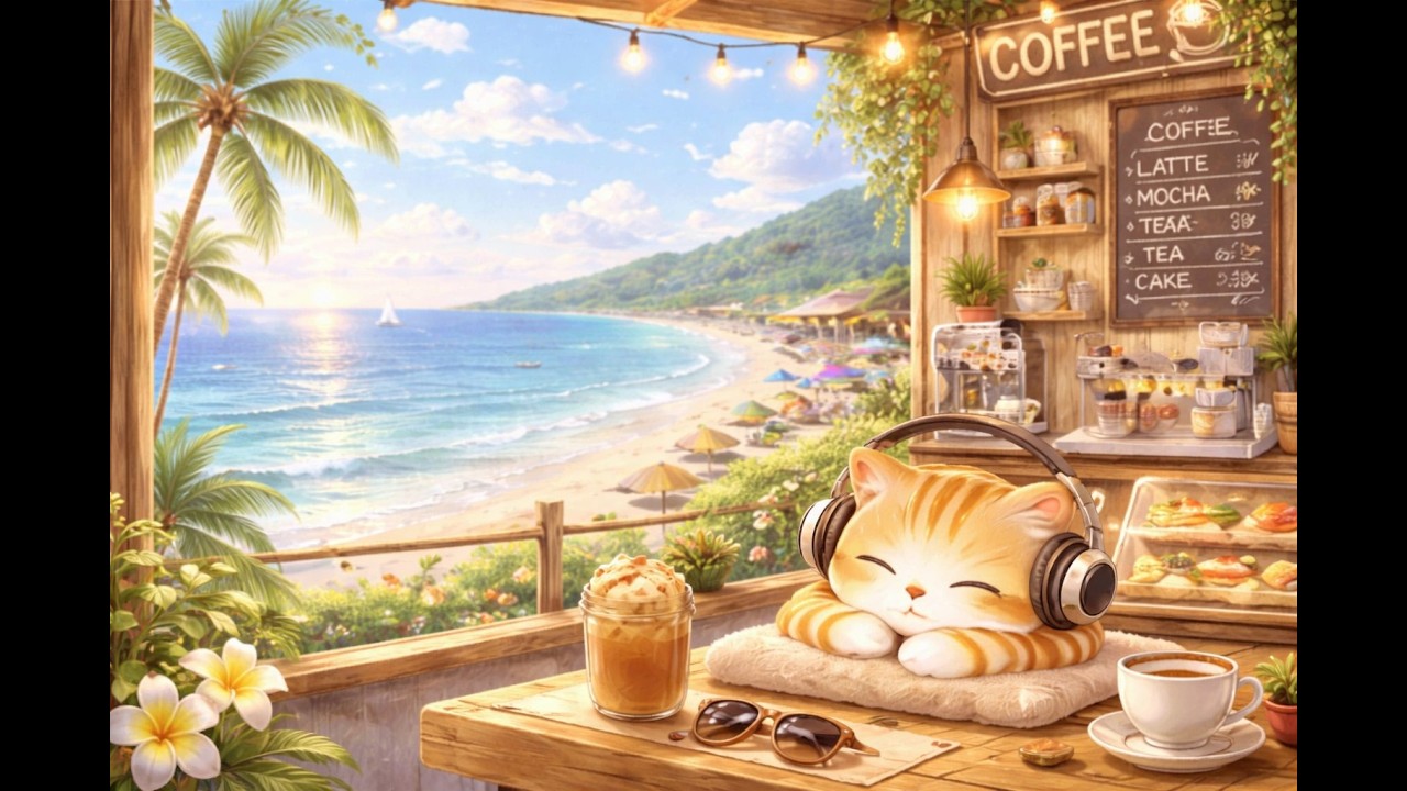 Cozy Beach Coffee 🌊 Chill Lofi Beats for Relaxing | Cozy Windowsill Cat 🐱 accompany with you