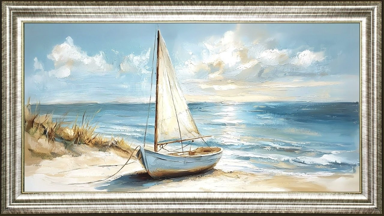 Yacht Ashore ~ beach minimalist oil painting ~ silver frame tv art screensaver