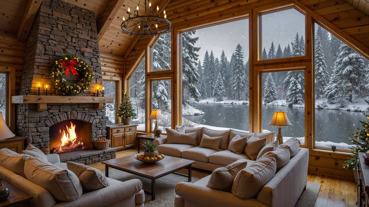 Relaxing Winter Snowfall with Soft Piano Music on Cozy Cabin Ambience ⛄ Fireplace Sounds for Unwind