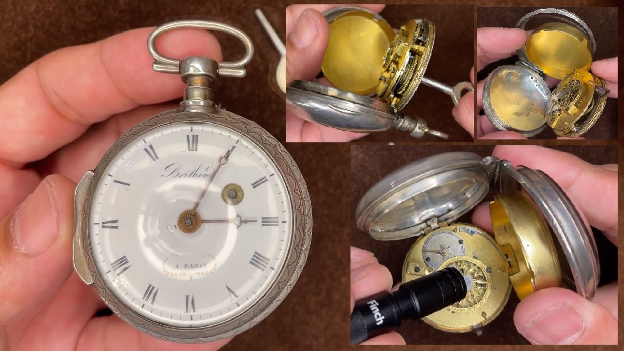 Berthoud Verge fusee 1700s 18th century Paris Pocket watch movement sound , front, back, adjust time