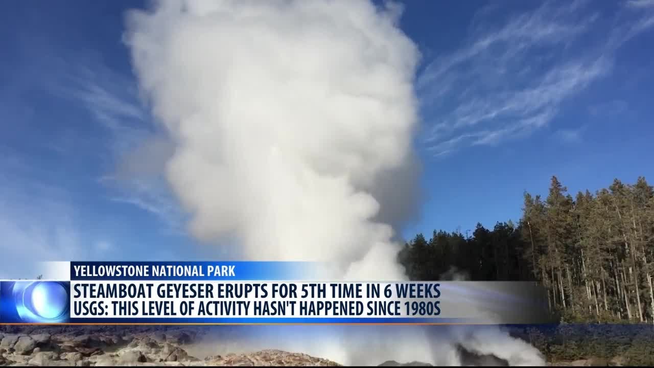 Steamboat Geyser erupts again in Yellowstone Park