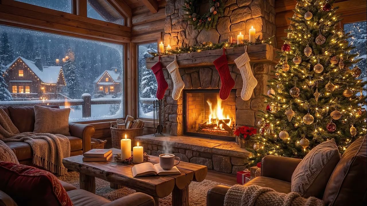 Christmas Fireplace Ambience 🔥Cozy Winter Cabin, Crackling Fire Sounds (No Music)