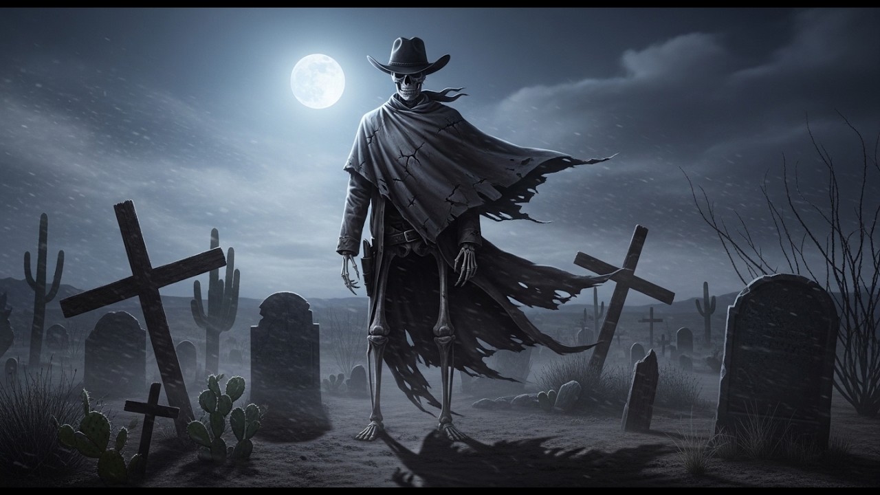 A Lone Skeletal Cowboy Drinking Whiskey in the Dark West 4K