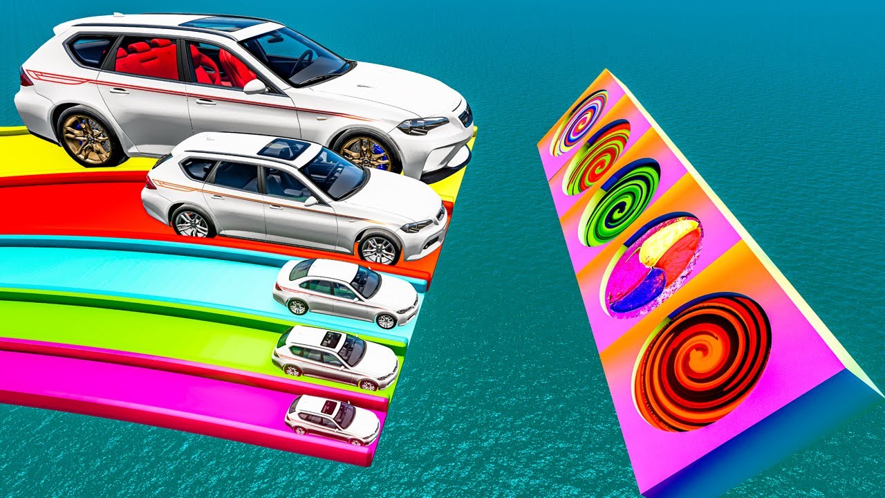 Giant & Small Car vs Portal Trap with Slide Colors – Cars vs Train vs Police vs Bombs – BeamNG.Drive