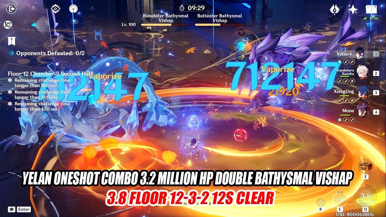 Yelan Oneshot Combo 3.2M HP Double Bathysmal Vishap - 3.8 Floor 12-3-2 12s Clear