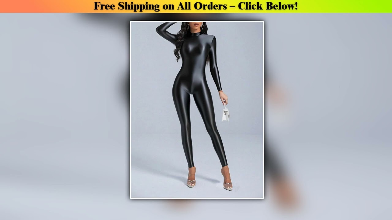Young Satin Oil Bodysuit High Neck Zipper Long Sleeve Full Body Tight Silk Leotard Glossy Sexy