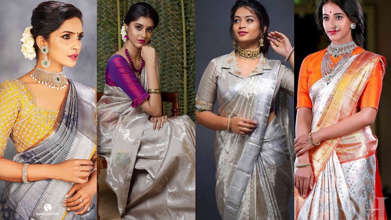 Stunning silver silk saree designs - Steel grey saree styling ideas