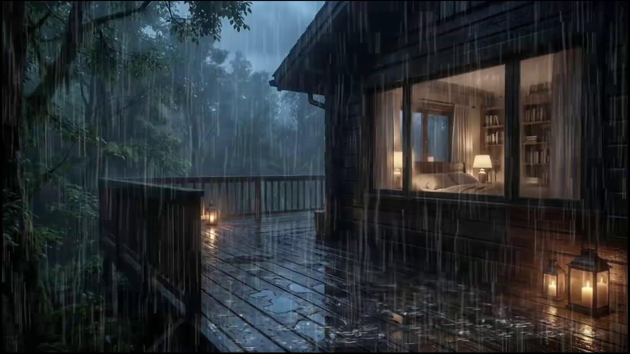 Soft rain by a cozy forest cabin, midnight rain soundscape guiding sleep ease and insomnia comfort