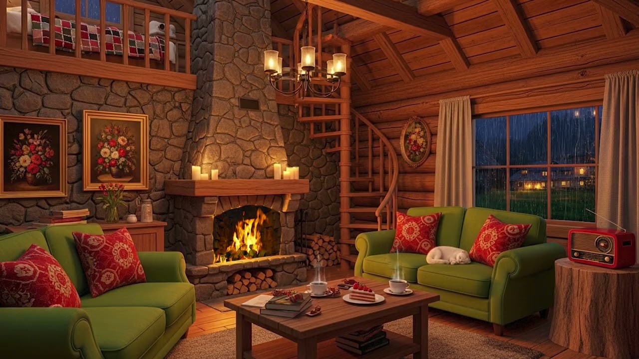Cozy Rainy Night 1950s Cabin | Relaxing Jazz Playing In Another Room with Fireplace Ambience