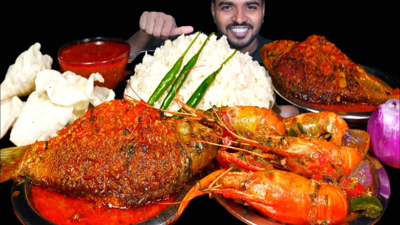 Eating Spicy Whole Fish Curry with Rice | Kadahi Prawns Curry, Papad and Spicy Gravy Mukbang