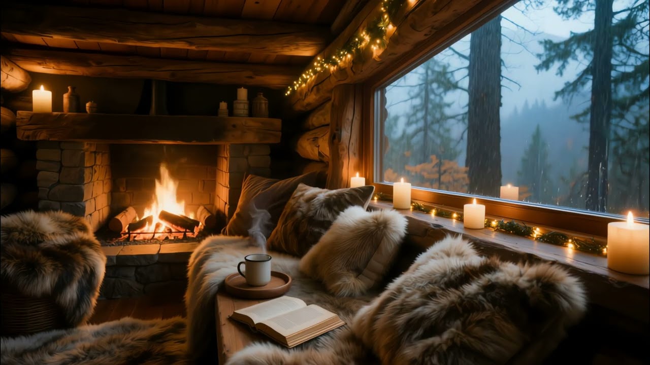 Cozy Rain & Fireplace Ambience | No Music | 1 Hour [4K]