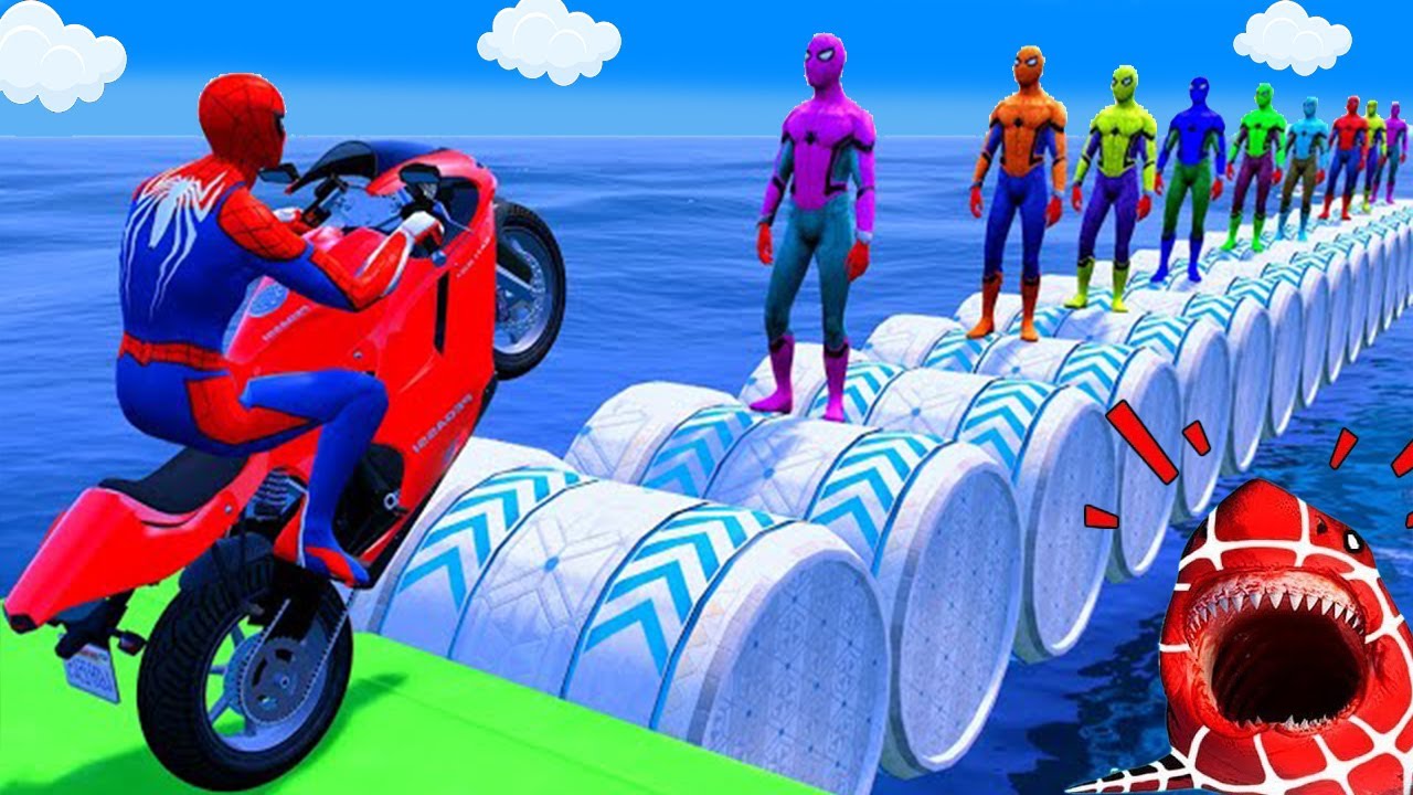 الأبطال الخارقين على القضبان دوامة قمع جسر 🏍️🐱‍SPIDER MAN!on Motorcycle in Spiral Bridge Stunt R