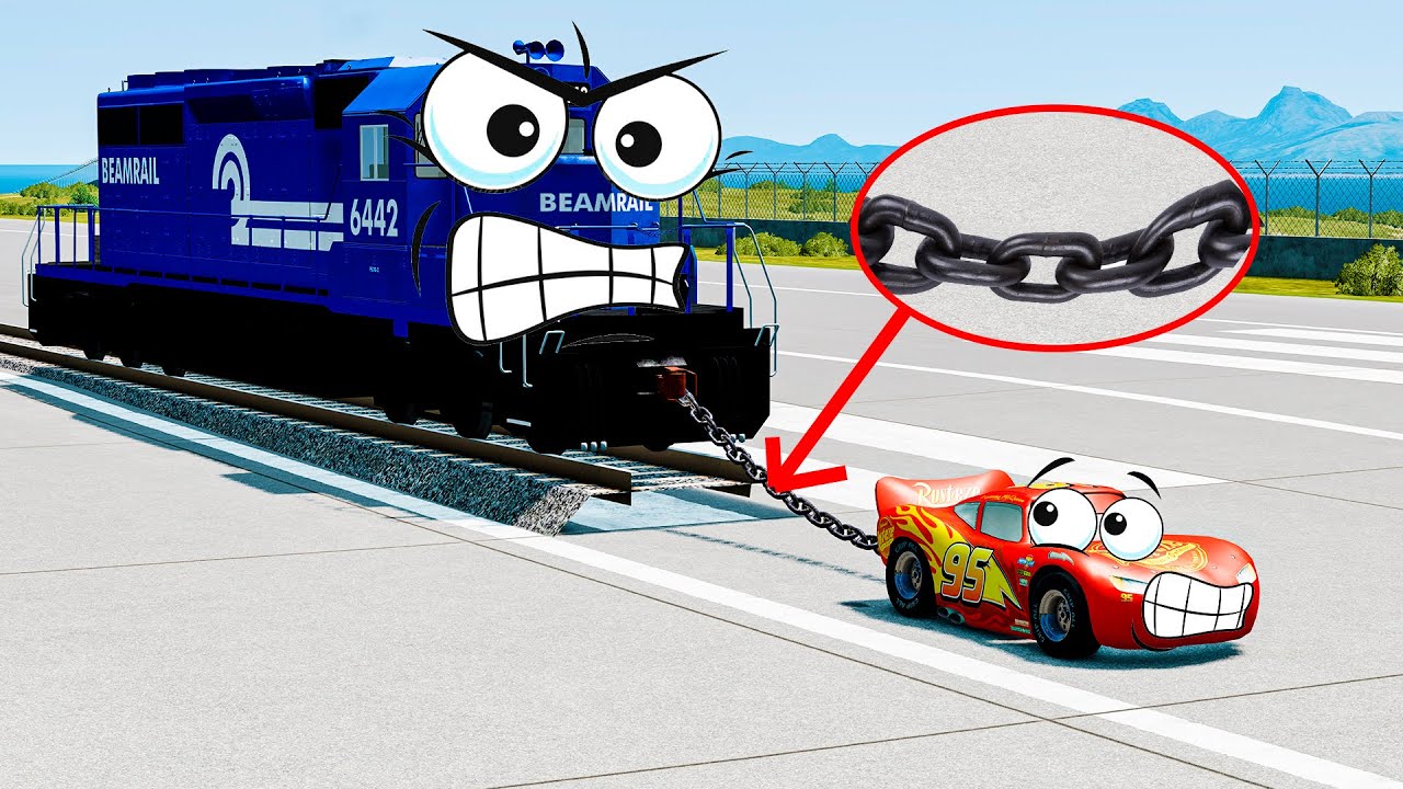 Train with Chain VS Lightning McQueen - CHALLENGE SUPER CARS - BeamNG.drive