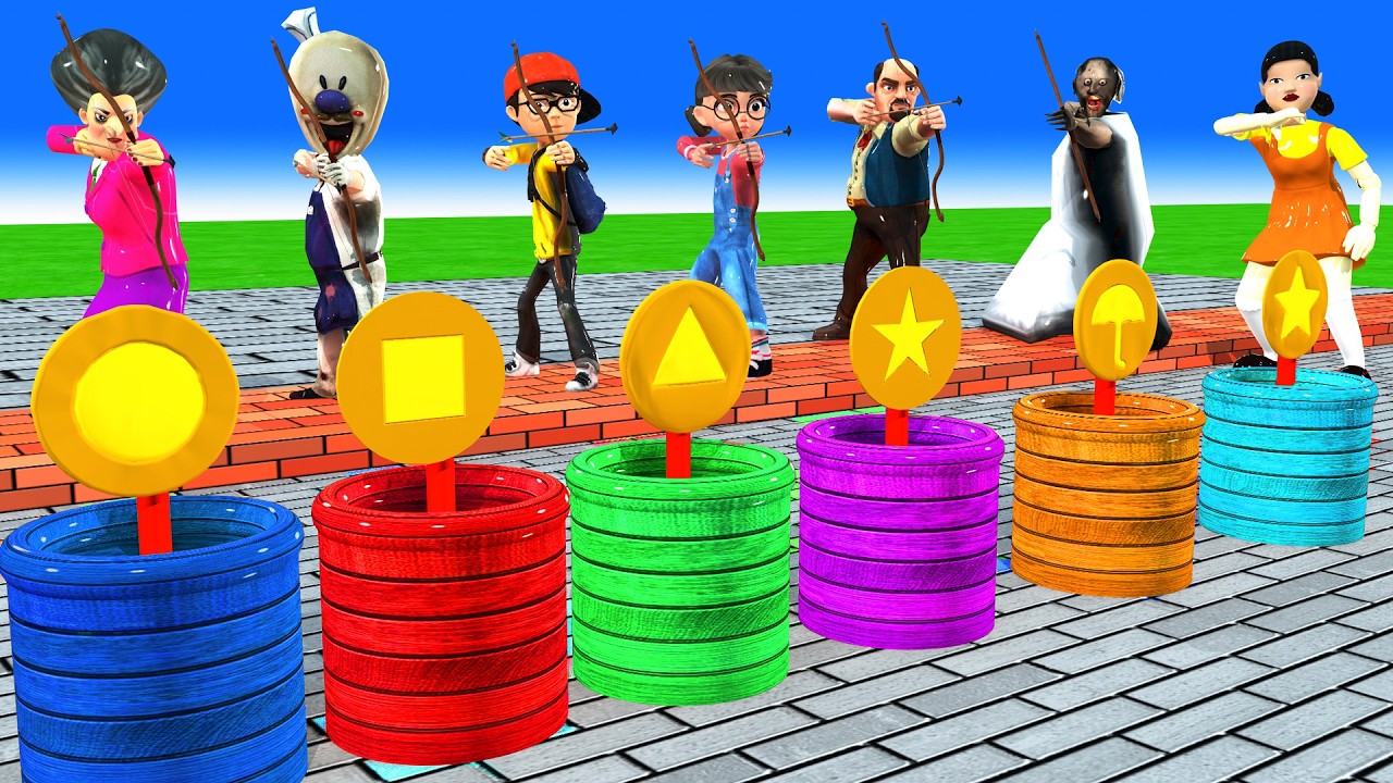 Scary Teacher 3D vs Squid Game WoodWheel Level Max vs Archery Honeycomb Candy Shape 5 Time Challenge