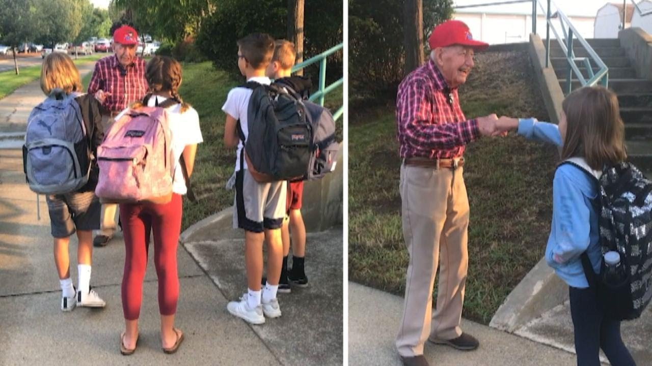 94-Year-Old Veteran Offers Fist Bumps and Kind Words to Inspire Students