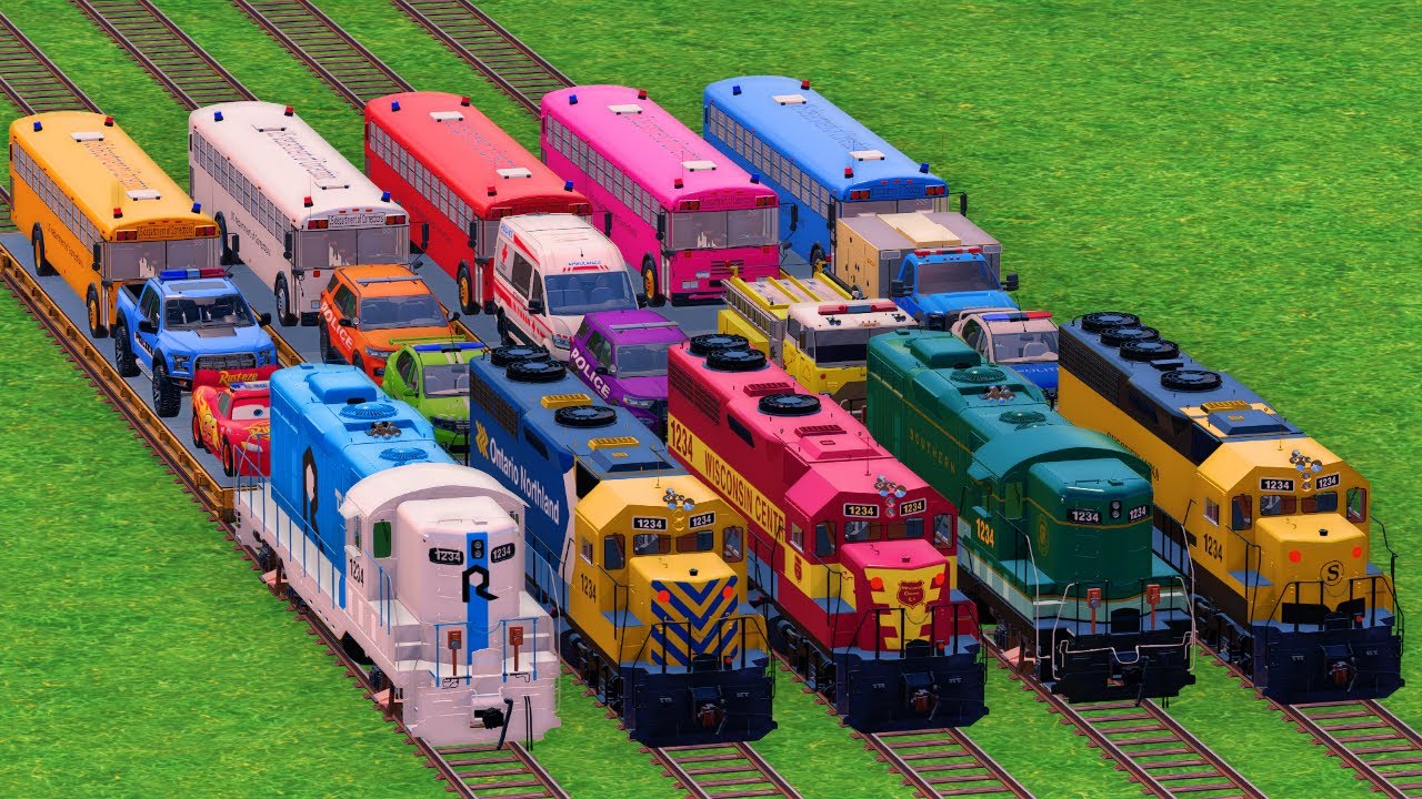 Long Train, Lightning McQueen, Police Car Vs Giant Bulge & Monster Mouth Challenge FS22