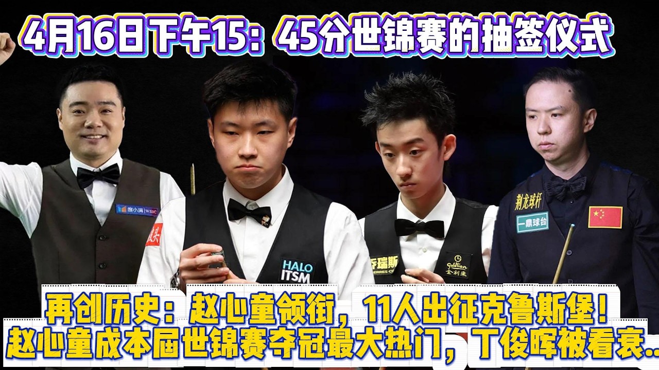 4月16日下午15：45分世錦賽的抽籤儀式，再創歷史：趙心童領銜，11人出征克魯斯堡！趙心童成本屆世錦賽奪冠最大熱門，丁俊暉被看衰....中国11人杀进斯诺克世锦赛正赛，夺冠概率超30%！