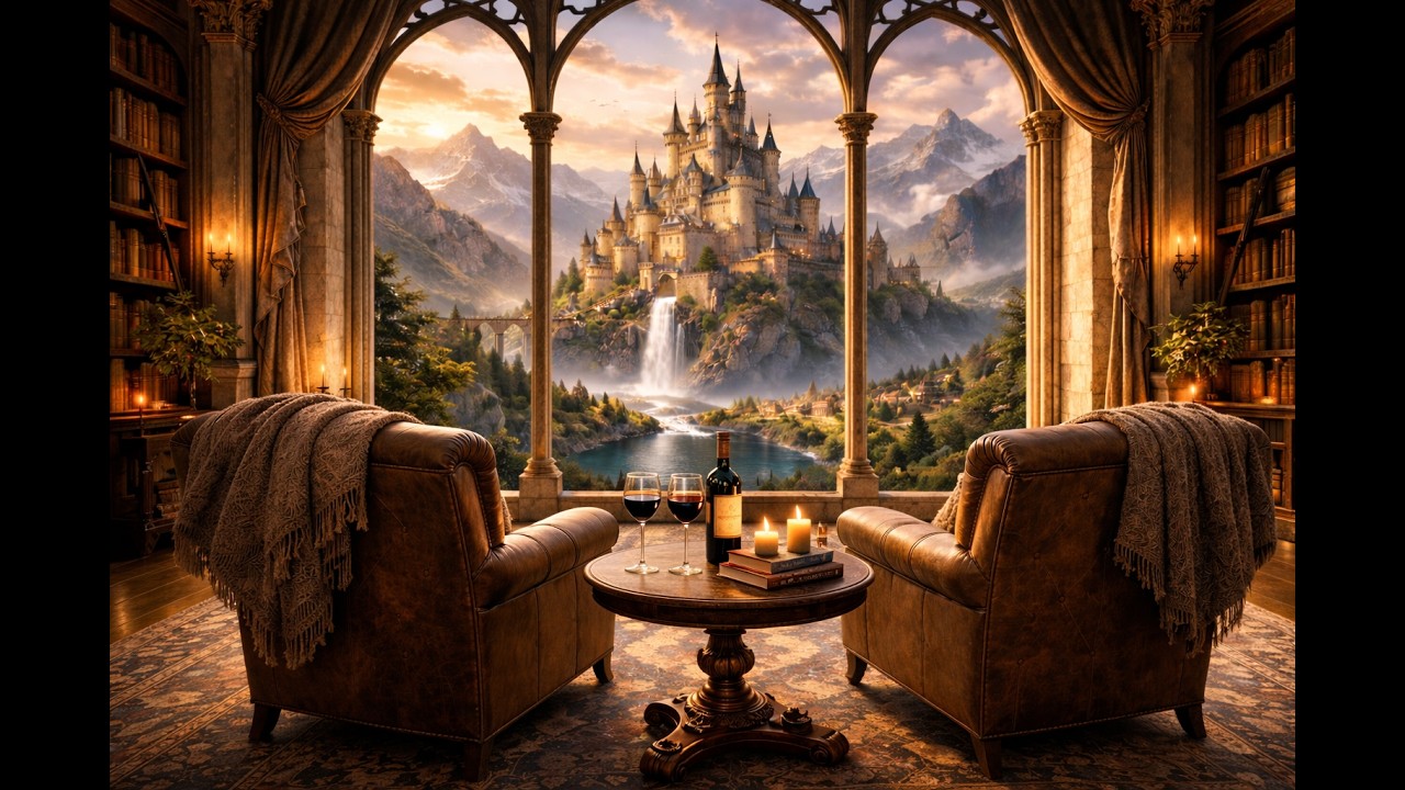 Fantasy Library Reading Ambience | Library with a Castle View | 2 Hour Serene Atmosphere
